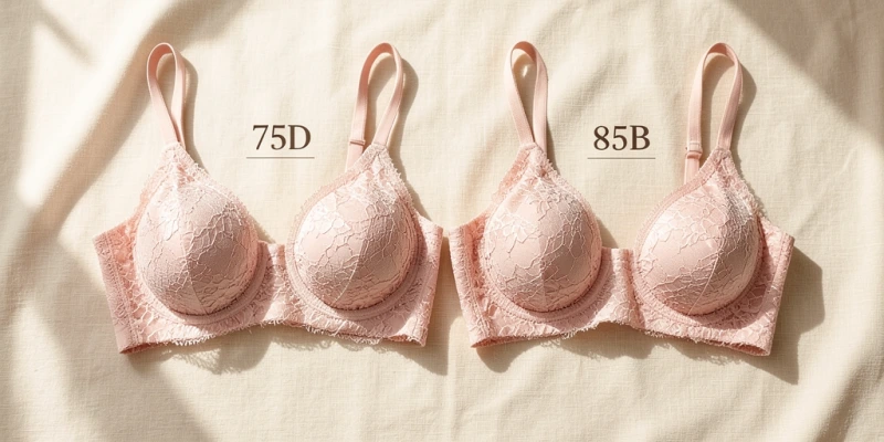 Vergleich zweier BHs nebeneinander: links 75D, rechts 85B – mit beschrifteten Cupsvolumina, die zeigen, dass beide Cups ähnlich groß sind, obwohl die Bezeichnungen sich stark unterscheiden