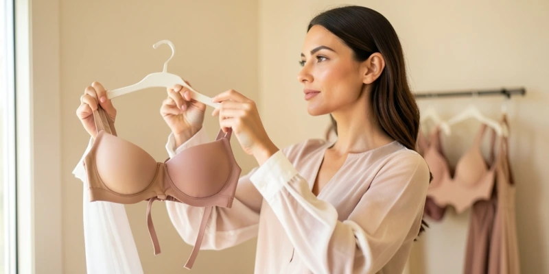 Vergleich zweier identischer BHs – einer in warmem Beige, einer in kühlem Rosé-Nude – unter einer weißen transparenten Bluse; Draufsicht, beide Träger vollständig sichtbar, deutlicher Unterschied in der Sichtbarkeit je nach Hautton