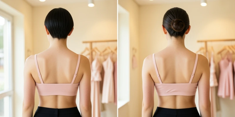 Vergleich zweier Rückenansichten: links ein BH mit breitem, hohem Band auf einem kurzen Torso – Band reicht bis zur Taille; rechts derselbe Körper mit schmalem Band, das korrekt unter der Brust sitzt