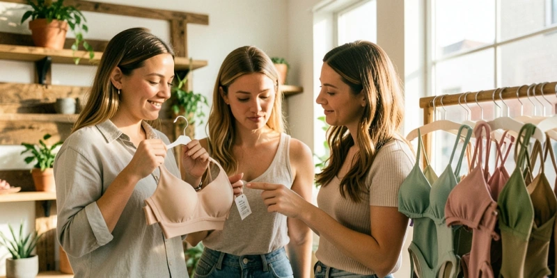 Vollständiger BH in Studiobeleuchtung von vorn, beide Träger sichtbar, mit sichtbarem Etikett das Zertifizierungslogo zeigt – sachliche Produktdarstellung