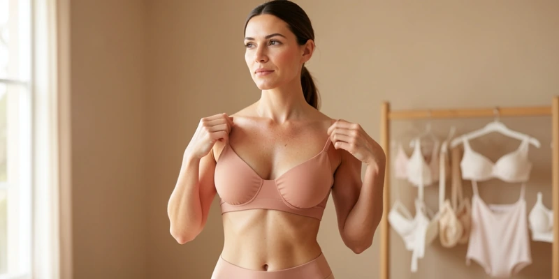 Vorderansicht zweier BHs nebeneinander – links ein Underwire-BH mit sichtbarem Bügelabdruck auf der Haut, rechts ein bügelfreier BH mit glattem Bandverlauf am Brustkorb. Passformvergleich bei geschwollenem Gewebe