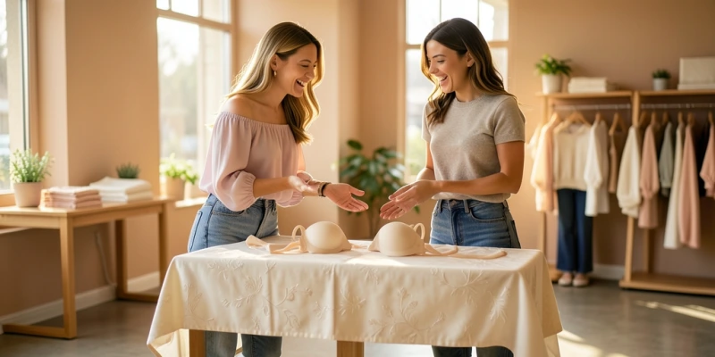 Zwei BH-Cups nebeneinander im Vergleich – links vorgeformter Schaumstoff-Cup mit fester Schalenform, rechts weicher nicht vorgeformter Cup – Materialvergleich für Passformflexibilität