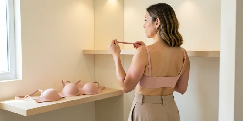 Zwei BHs nebeneinander – einer flach auf einem Tisch liegend, einer korrekt an einem Körper getragen. Beide vollständig sichtbar mit Trägern. Vergleich: Wie das Modell auf dem Bügel wirkt vs. wie es am Körper tatsächlich sitzt