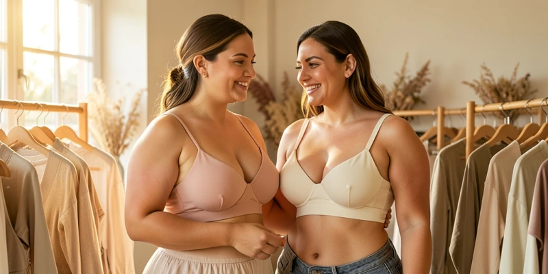 Zwei Bralettes nebeneinander, beide in Größe 85E – links ein Modell mit schmalen Trägern, unstrukturierten Dreiecks-Cups und schmalem Band; rechts ein Modell mit breiten Trägern, genähten Cups und verstärktem Unterbrustband. Beide vollständig zu sehen, frontal.