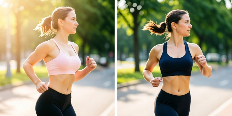 Zwei Seitenansichten einer Frau beim Laufen – links mit normalem BH, Brust deutlich in Bewegung; rechts mit Sport-BH, Bewegung sichtbar reduziert. Beide Varianten mit vollständig sichtbarem Oberkörper und BH.